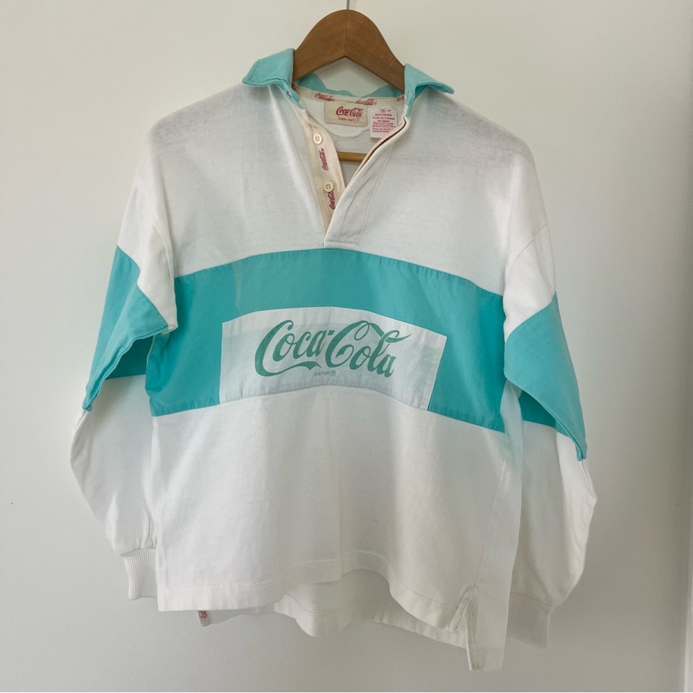 Vintage Coca-Cola White and Teal Rugby Pullover Sz. S